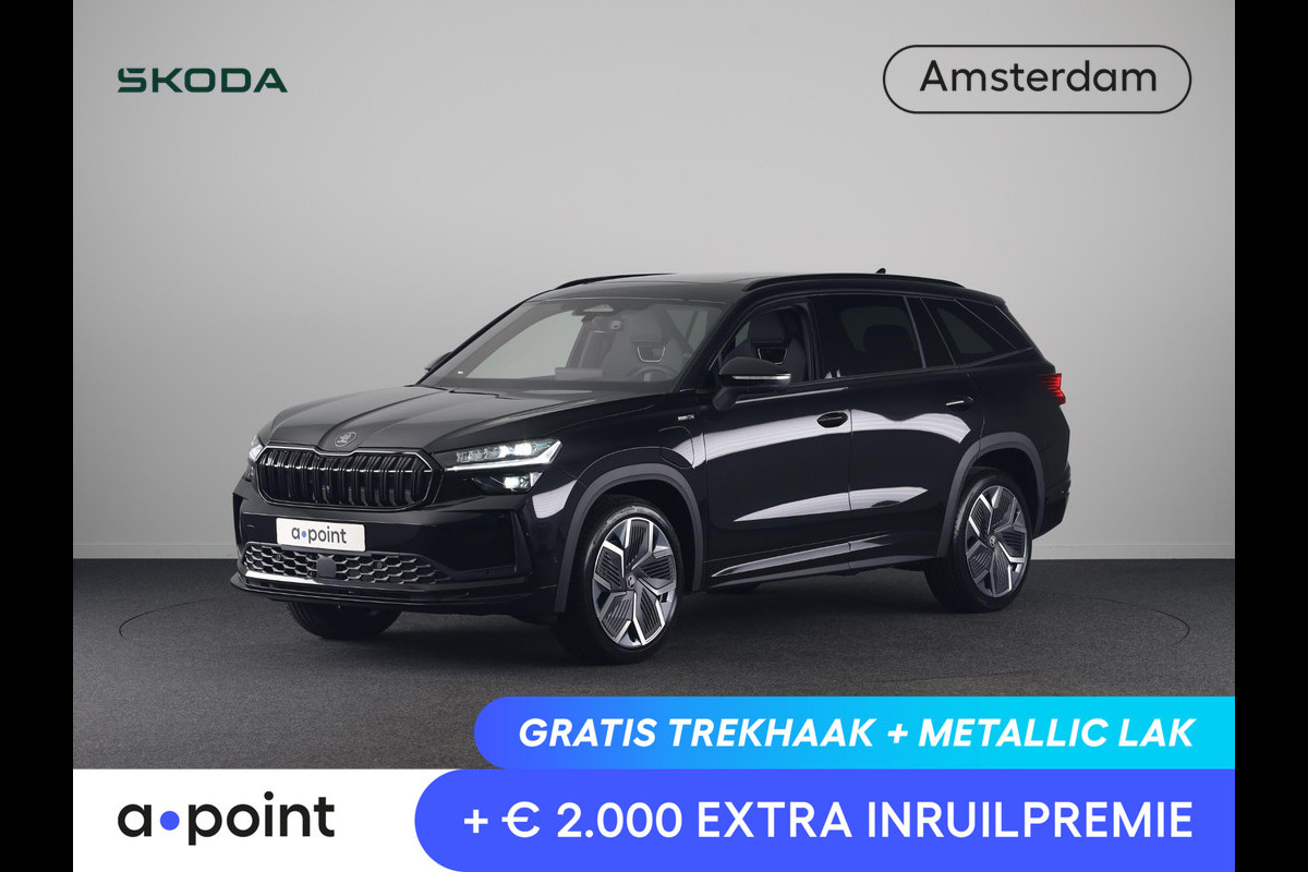 Škoda Kodiaq 1.5 TSI PHEV Sportline Business 204 pk 6 versn. DSG | Comfort Pakket | Dynamic Chassis Control Pakket | Panorama Dak | Head-up display | Parkeer Pakket | Trekhaak | Winter Pakket | 20" lichtmetalen velgen Rila aero, antraciet zwart