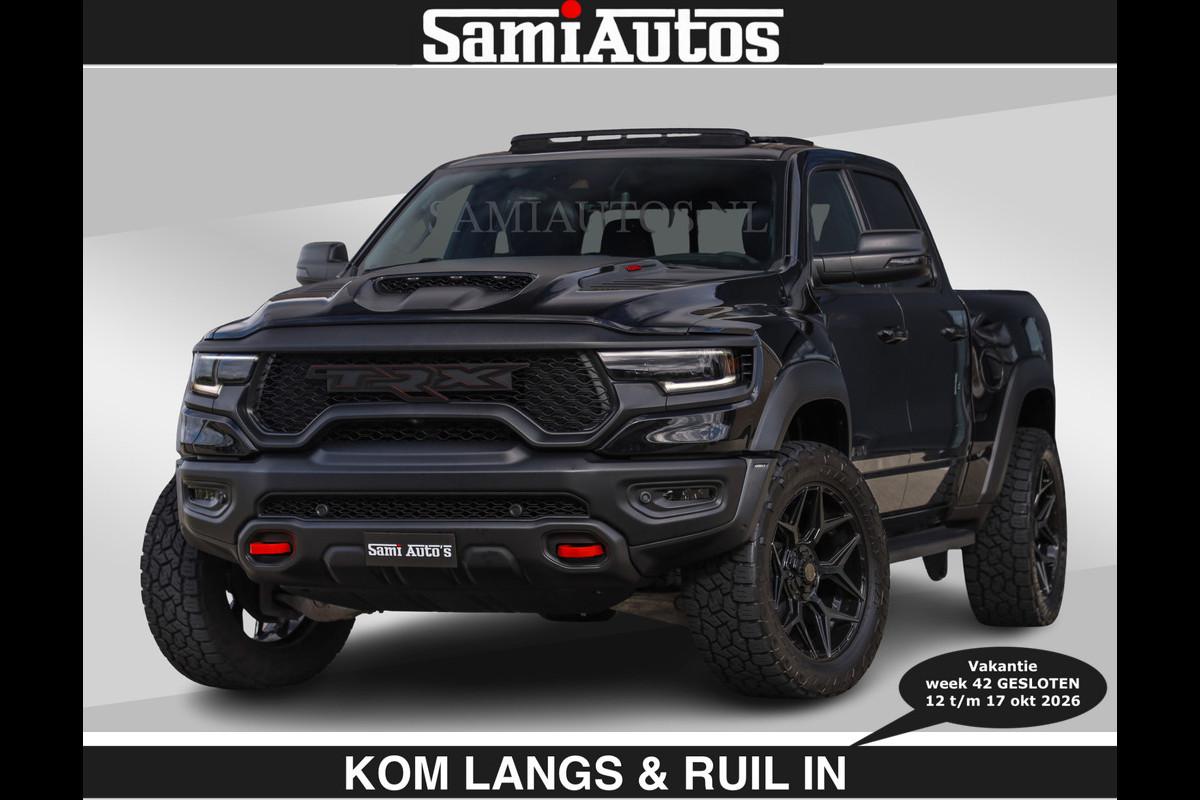 Dodge Ram TRX HELLCAT | 6.2 V8 712PK SUPERCHARGER | € 129.50 excl | RODE STIKSELS | FULLY LOADED | CARBON | CREW CAB | DUBBELE CABINE | 5 PERSOONS | De specialist in Amerikaanse pick‑ups in Nederland en Europa.