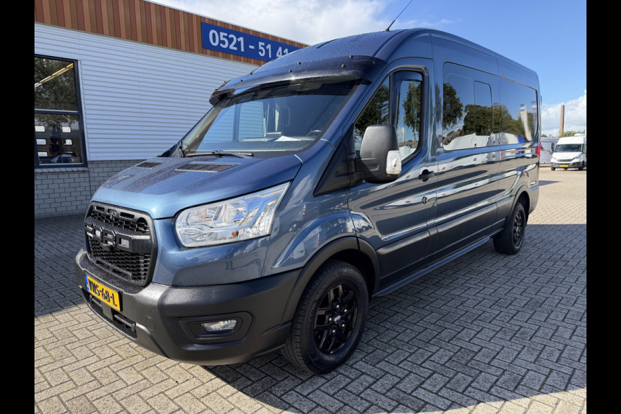 Ford Transit 350 2.0 TDCI 170pk L3H2 DC 5 persoons Trend / vaste prijs rijklaar € 25.950 ex btw / euro 6 / bpm vrij / lease vanaf € 424 / raptor grille / blauw metallic / trekhaak 2500 kg