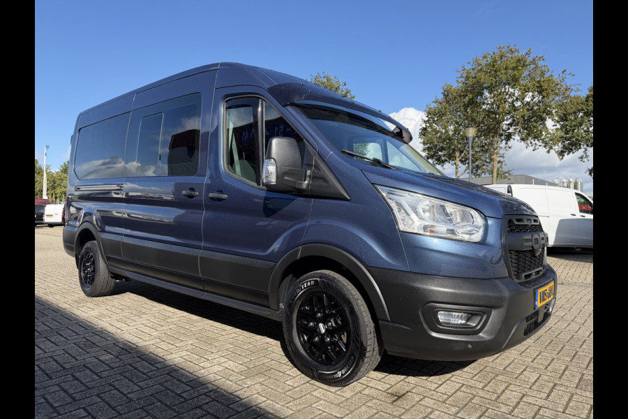 Ford Transit 350 2.0 TDCI 170pk L3H2 DC 5 persoons Trend / vaste prijs rijklaar € 25.950 ex btw / euro 6 / bpm vrij / lease vanaf € 424 / raptor grille / blauw metallic / trekhaak 2500 kg