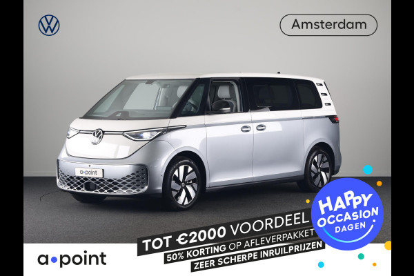 Volkswagen ID. Buzz Pro 79 kWh LWB 7p. 286 pk | SoH 98,74% | Warmtepomp | Navigatie | Panoramadak | Parkeersensoren (Park assist) | Rondomzicht camera | Stoelverwarming | Elektr. Schuifdeuren | Verwarmde voorruit | Verwarmd stuur |