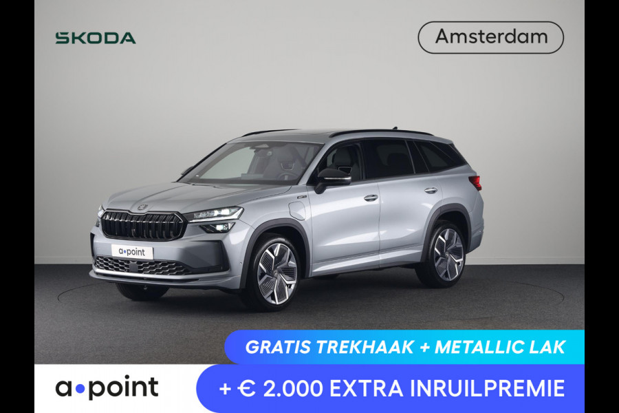 Škoda Kodiaq 1.5 TSI PHEV Sportline Business 204 pk 6 versn. DSG | Comfort Pakket | Panorama Dak | Dynamic Chassis Control Pakket | Head-up display | Parkeer Pakket | Trekhaak | Winter Pakket | Velgen: 20" lichtmetalen velgen Rila aero, antraciet zwart