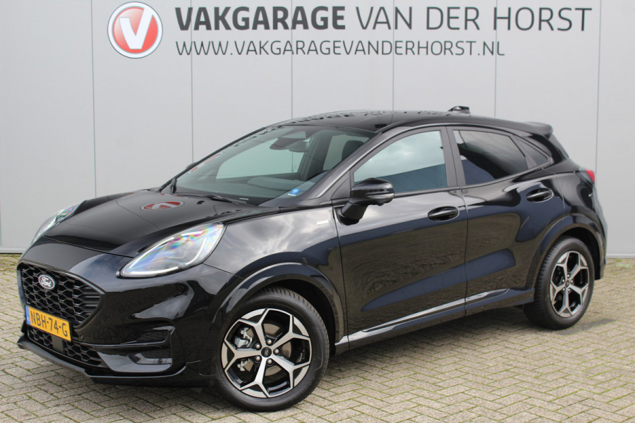 Ford Puma 1.0-125pk EcoBoost Hybrid ST-Line X. Alweer zo'n mooie uiterst complete Ford Puma met slechts 7.400km èn fabr. garantie t/m 10-12-2029 ! Autm. airco, LED verlichting, navigatie, telefoonvoorb., bestuurders assistent pakket, winterpakket etc., etc