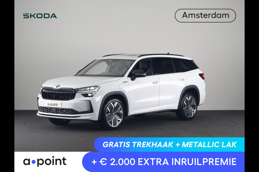 Škoda Kodiaq 1.5 TSI PHEV Sportline Business 204 pk 6 versn. DSG | Dynamic Chassis Control Pakket | Comfort Pakket | Head-up display | Parkeer Pakket | Winter Pakket | Trekhaak | Panoramadak |  20" lichtmetalen velgen Rila aero, antraciet zwart