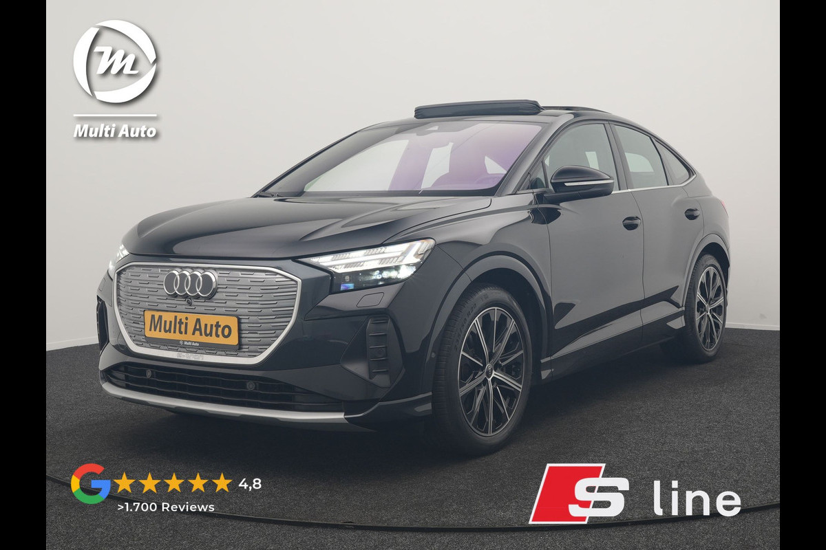 Audi Q4 Sportback e-tron 40 S Line 77 kWh 204pk Dealer O.H. | SOH 96,4% | Trekhaak Af Fabriek | Panodak | Adaptive Cruise | Head Up | 360 Camera | Matrix LED | Lederen Sportstoelen & Stuur Verwarmd | Keyless | Apple Carplay | Navigatie | DAB | 20"L.M