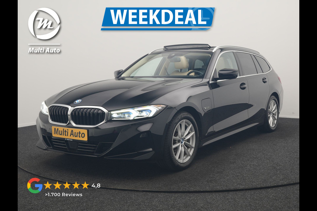 BMW 3 Serie Touring 320e Luxury Line Facelift PHEV Dealer O.H. | Trekhaak Af Fabriek | Panodak | Head Up | Adaptive Cruise | 360 Camera | Lederen Sportstoelen Verwarmd | Sfeerverlichting | Apple Carplay | Keyless | Widescreen Navi | DAB | Plug In Hybrid