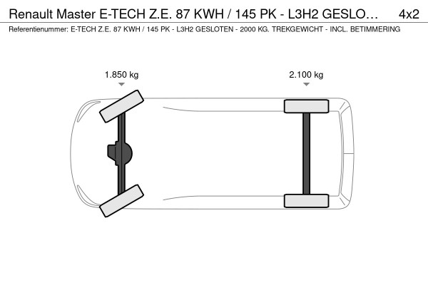Renault Master E-TECH Z.E. 87 KWH / 145 PK - L3H2 GESLOTEN - 2000 KG. TREKGEWICHT - INCL. BETIMMERING