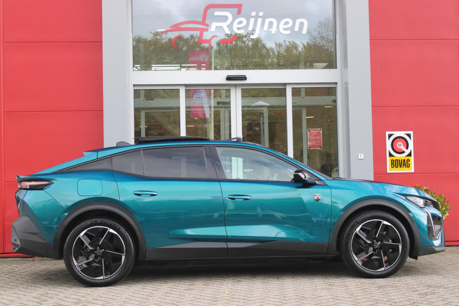 Peugeot e-408 GT AVANTAGE 58 kWh | PANORAMA SCHUIF/KANTEL DAK | WARMTEPOMP | HIFI PACK: (DRAADLOZE TELEFOONLADER, FOCAL PREMIUM HIFI SYSTEEM MET 10 SPEAKERS) | 360 VISION & DRIVE ASSIST PLUS PACK: (360° CAMERA MET 4 HD CAMERA'S, CLEAN CABIN,3D NAVIGATIE SYSTEEM) |  ELEKTRISCH VERSTELBARE VOORSTOELEN MET MASSAGE FUNCTIE EN STOELVERWARMING | BEKLEDING ALCANTARA/KUNSTLEDER | DRAADLOZE APPLE CARPLAY/ANDROID AUTO | 19" LICHTMETALEN VELGEN "GRAPHITE" | LED MATRIX KOPLAMPEN | DONKERE HEMELBEKLEDING | SFEER VERLICHTING | ELEKTRISCH BEDIENBARE ACHTERKLEP | PACK DRIVE PLUS PACK: (PACK SAFETY,